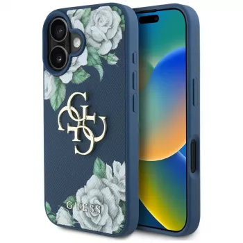 Guess Grained Roses Big 4G Logo Case för Apple iPhone 16 – blå
