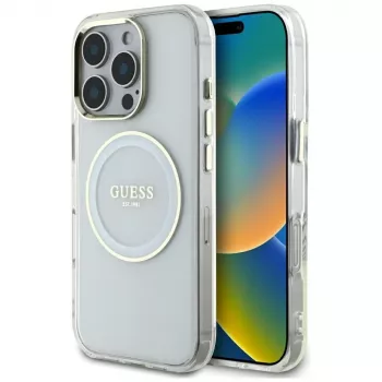 Guess IML Metal Colored Circle Classic Logo MagSafe Case för iPhone 16 Pro Max (vit)