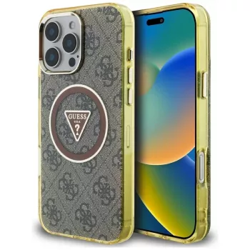 Guess IML Metal Glitter 4G Circle Triangle MagSafe Case för iPhone 16 Pro (brun)