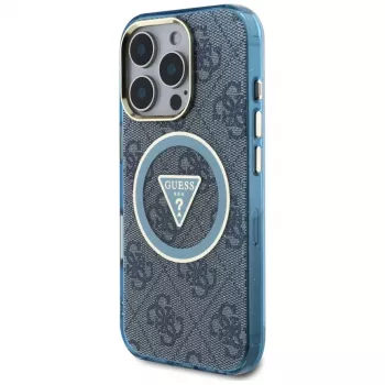 Guess IML Metal Glitter 4G Circle Triangle MagSafe Case för iPhone 16 Pro (blå)