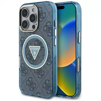 Guess IML Metal Glitter 4G Circle Triangle MagSafe Case för iPhone 16 Pro Max (blå)