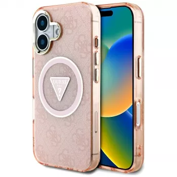 Guess IML Metal Glitter 4G Circle Triangle MagSafe Case för iPhone 16 (rosa)