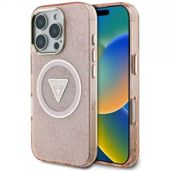 Guess IML Metal Glitter 4G Circle Triangle MagSafe Back Cover för Apple iPhone 16 Pro (rosa)