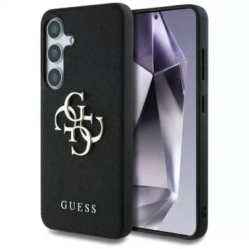 Guess Grained Big 4G Logo Small Classic Logo baksideskal för Samsung Galaxy S25, svart
