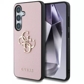Guess Grained Big 4G Logo Small Classic Logo baksideskal för Samsung Galaxy S25 rosa
