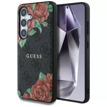 Guess Leather 4G Flowers Print Metal Classic Logo MagSafe-skal för Samsung Galaxy S25, svart