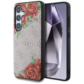 Guess Leather 4G Flowers Print Metal Classic Logo MagSafe-skal för Samsung Galaxy S25 rosa