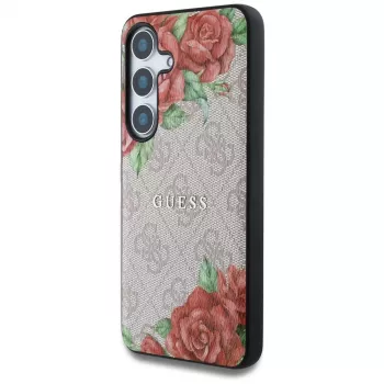 Guess Leather 4G Flowers Print Metal Classic Logo MagSafe-skal för Samsung Galaxy S25 rosa