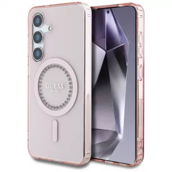 Guess Rhinestones Printed Classic Logo MagSafe-skal för Samsung Galaxy S25 (rosa)