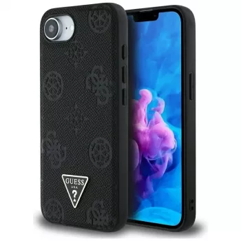 Guess Grained Hot Stamp Peony Triangle Logo MagSafe-skal för iPhone 16e (svart)
