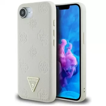 Guess Grained Hot Stamp Peony Triangle Logo MagSafe-skal för iPhone 16e (beige)