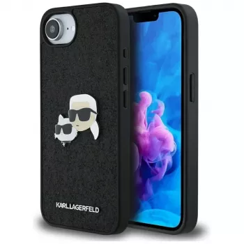 Karl Lagerfeld Fixed Glitter Karl & Choupette Heads Metal Pin-skal för Apple iPhone 16e (svart)
