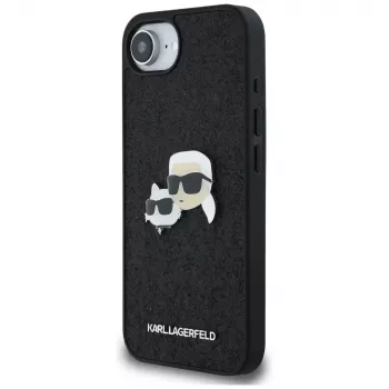 Karl Lagerfeld Fixed Glitter Karl & Choupette Heads Metal Pin-skal för Apple iPhone 16e (svart)