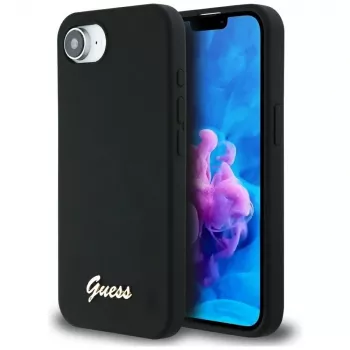 Guess Silicone Script Metal Logo MagSafe-skal för iPhone 16e (svart)