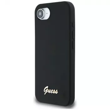 Guess Silicone Script Metal Logo MagSafe-skal för iPhone 16e (svart)