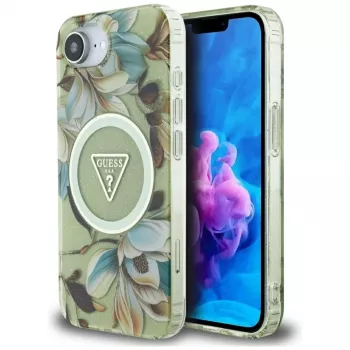 Guess IML Metal Glitter Flowers Triangle MagSafe-baksida för Apple iPhone 16e, grön