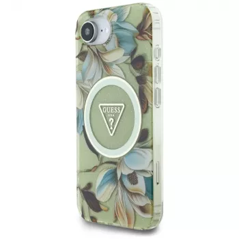 Guess IML Metal Glitter Flowers Triangle MagSafe-baksida för Apple iPhone 16e, grön