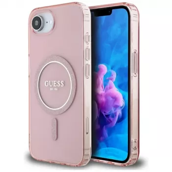 Guess IML Glitter Circle MagSafe-skal för iPhone 16e (rosa)