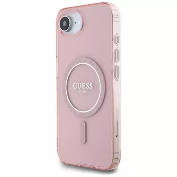 Guess IML Glitter Circle MagSafe-skal för iPhone 16e (rosa)