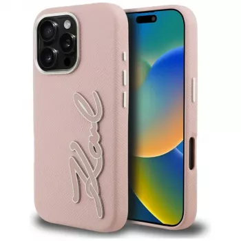 KARL LAGERFELD FW Grained Signature Logo Hard Case för iPhone 16 Pro, rosa
