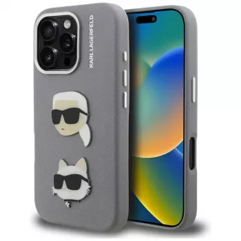 KARL LAGERFELD FW Grained Karl & Choupette Heads Pins Case för iPhone 16 Pro Max, grå