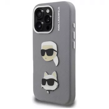 KARL LAGERFELD FW Grained Karl & Choupette Heads Pins Case för iPhone 16 Pro Max, grå