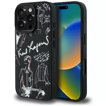 KARL LAGERFELD Grained Pattern & Logo MagSafe Case för iPhone 16 Pro Max, svart