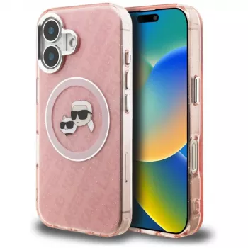 KARL LAGERFELD IML Glitter Karl & Choupette Heads Logo MagSafe-skal för Apple iPhone 16 – rosa