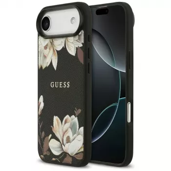 Guess Grained Flowers Classic Logo MagSafe-skal för Apple iPhone Air – svart