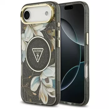 Guess IML Glitter Flowers Triangle MagSafe-skal för iPhone Air – svart