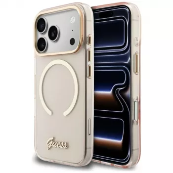 Guess IML Script Metal MagSafe-skal för iPhone 15 Pro, rosa