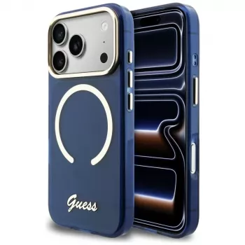Guess IML Script Metal MagSafe Case för iPhone 17 Pro blå