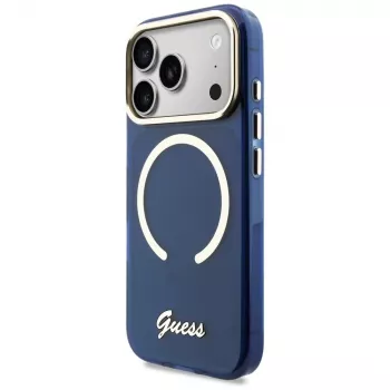 Guess IML Script Metal MagSafe Case för iPhone 17 Pro blå