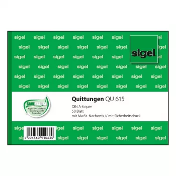 Sigel QU615 kvittobok, A6 liggande, 50 blad, grön