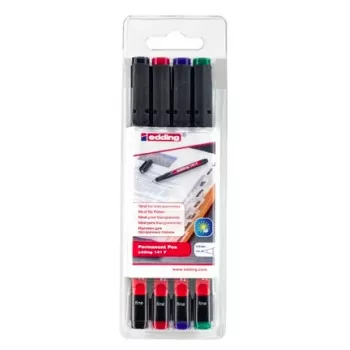 EDDING 141 F Permanent Marker Set - Fine Tip 0.6 mm - Black, Blue, Green, Red - 4 Markers