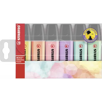 STABILO BOSS ORIGINAL Highlighter Set - 6 Pieces - Pastel Assorted Colours - Chisel Tip - 2 mm / 5 mm - Water-Based Ink
