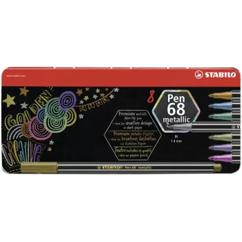 STABILO Pen 68 Metallic fiberpennor set - medium - 8 olika metallicfärger - rund spets - 1,4 mm linjebredd