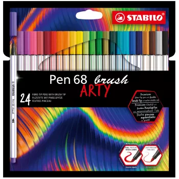 STABILO Pen 68 Brush ARTY Edition 24 kartongask – fiberpennor med flexibla penselspetsar för handlettering, bullet journaling och illustration