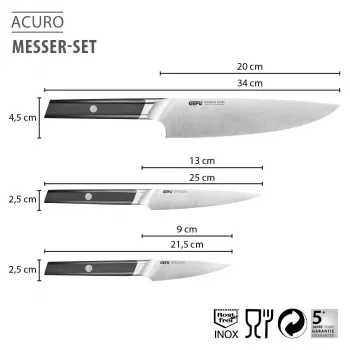 GEFU ACURO 3-delat knivset - kockkniv, allroundkniv och skalkniv