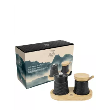 Peugeot Bali Fonte salt- och pepparkvarnset med träbricka, 8 cm, svart