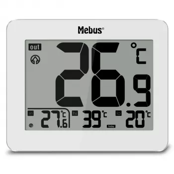 MEBUS 1074 digitaltermometer med inom- och utomhustemperatur, LCD-display, väggmonterbar, vit
