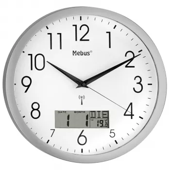 Mebus 19422 Radioväggklocka, analog, vit urtavla, silverfärgat hölje, 30 cm