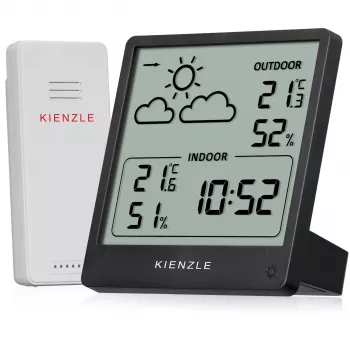 KIENZLE Väderstation Slim (15002) med trådlös utomhussensor, LCD-display, väderprognos, månfas, väckarklocka