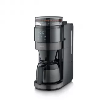SEVERIN filterkaffemaskin med inbyggd kvarn, 1000 W, 8 koppar, termokanna, svart/rostfritt stål