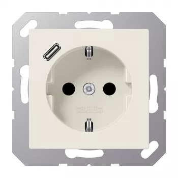 JUNG A 1520-18 C SCHUKO-uttag 16 A med USB-laddare (JUNG Quick Charge) 1 x typ C, Safety Plus, serie AS, vit (ivory)