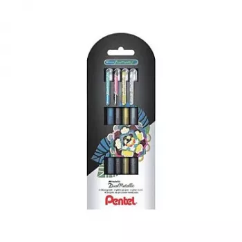 Pentel Dual Metallic gelpennset – 4 pennor (svart, blå, guld, silver) – 0,5 mm – blisterförpackning