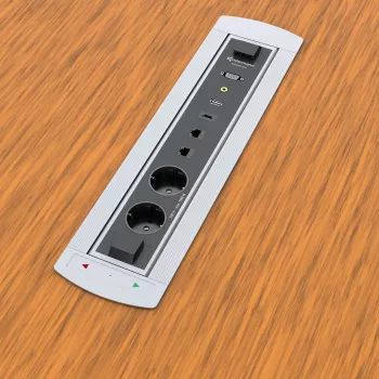 Kindermann CablePort Turn bordsinfälld dosa med 2 Schuko-uttag, 2 RJ45 CAT6, 2 HDMI, 1 USB-A 3.0, 360°-rotation, silver/svart