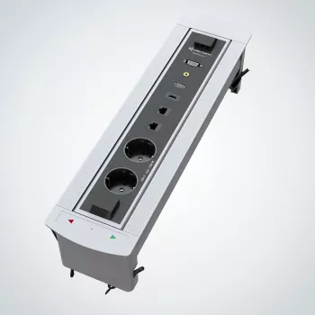 Kindermann CablePort Turn bordsinfälld dosa med 2 Schuko-uttag, 2 RJ45 CAT6, 2 HDMI, 1 USB-A 3.0, 360°-rotation, silver/svart