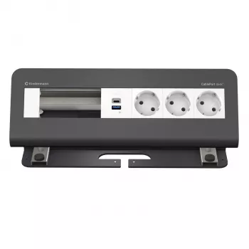Kindermann CablePort desk² 6-fack 3x Schuko 2x USB-A skrivbordsanslutningsmodul silver/svart
