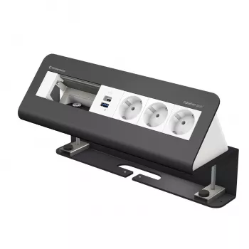 Kindermann CablePort desk² 6-fack 3x Schuko 2x USB-A skrivbordsanslutningsmodul silver/svart